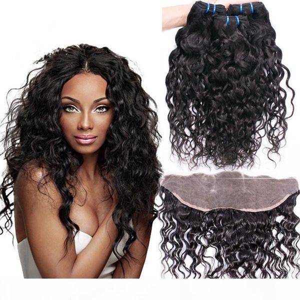 

human hair weave lace frontal closure brazilian hair water wave lace frontal closure with bundles natural black brazilian hair