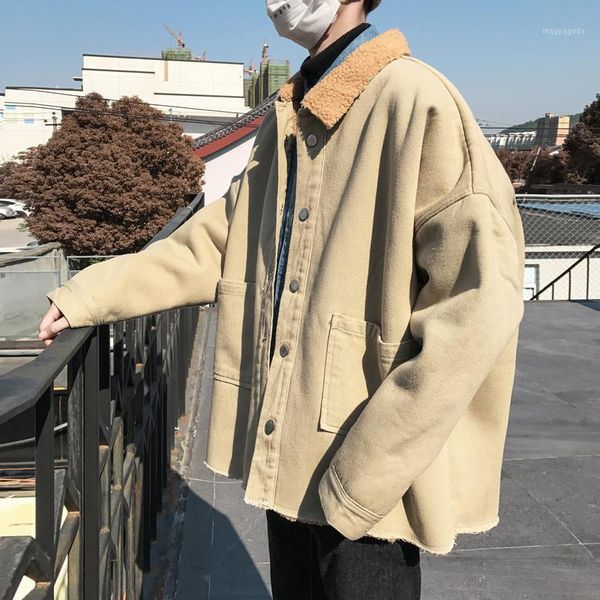 

2018 autumn and winter men's cotton clothing lamb fur coat hair liner thick lapel cotton coat black / yellow / khaki m-2xl1