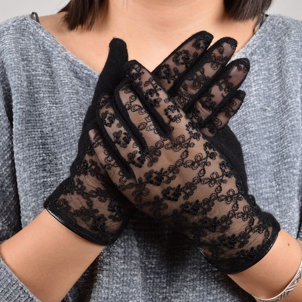 

bysifa] black wool cashmere ladies trendy winter lace embroidery soft women mittens gloves pink grey, Blue;gray