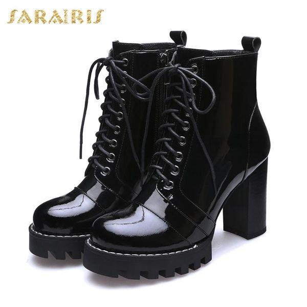 

sarairis 2020 brand cow leather genuine leather women shoes ankle boots fashion platform high heels shoelaces boots woman shoes, Black