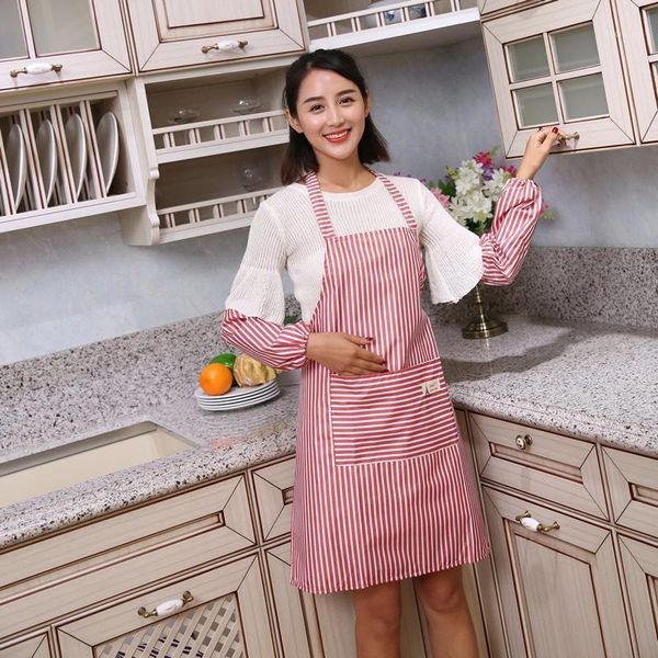 

1pc women apron with pockets and oversleeves waterproof stripe kitchen anti-oil aprons kitchen cooking thick cloth ok 09171