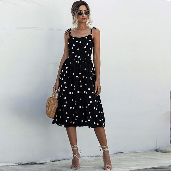 

women dress hight waist summer dot print boho evening party beach long sundress 2021 dresses vestidos de festa, Black;gray