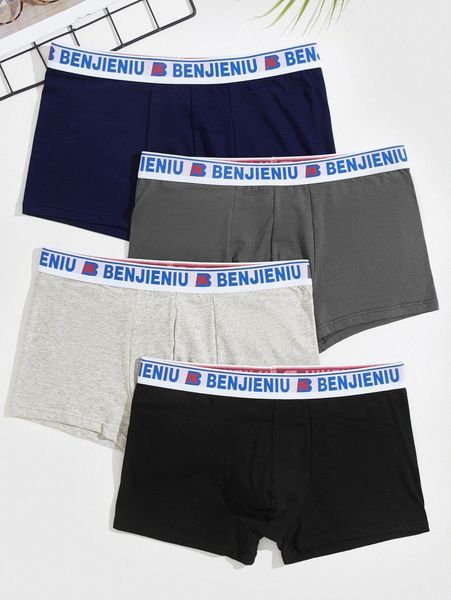 

men 4pcs letter graphic contrast tape boxer brief o9vb#, Black;brown