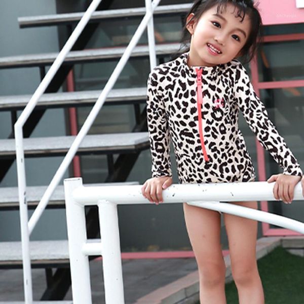 

children's swimwear 2021 summer arrival child leopard print long sleeve one piece suit girls beachwear swimsuit1