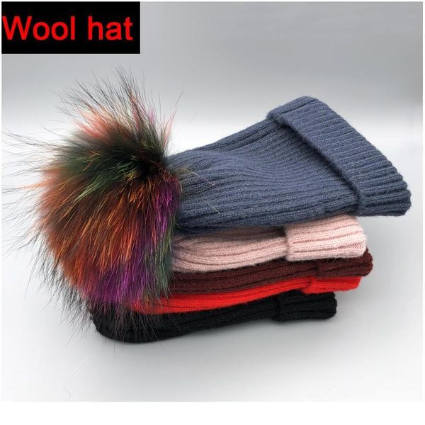 

winter spring hats women 100% natural multicolor fur pompoms hats fashion lady wool beanies skull womens bonnet qylcgj