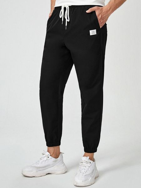 

men patched drawstring waist pants m9gl#, Black