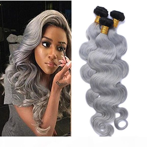 

brazilian prevuian malaysian body wave grade 8a human virgin hair bundles grey hair weave 3 pcs lot ombre grey hair bundles, Black;brown
