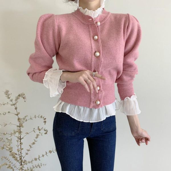 

women's knits & tees fall long sleeve o-neck women cardigan solid korean chic sweater retro puff pearl button fashion loose coat1, White