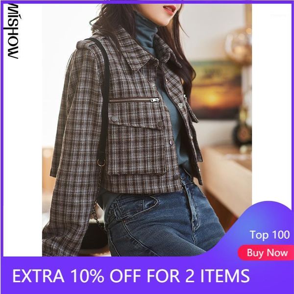 

mishow 2021 winter jackets for women fashion plaid turn down collar overwear overcoats female streetwear outdoor coats mx20d65281, Black;brown