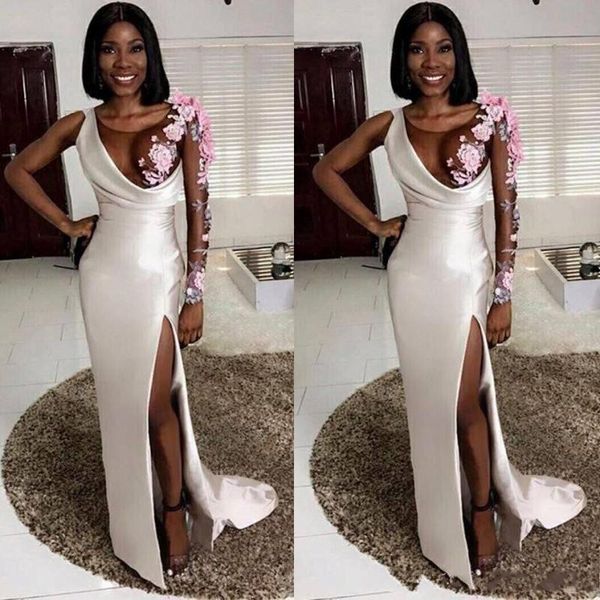 

african black girls sheer neck floral appliques prom dresses evening gowns illusion one sleeves side split formal party gowns ogstuff