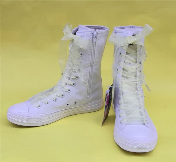 

2021 new spring female canvas casual high shoes flat black white fashion applications calf-up rentals mujer boots ztth