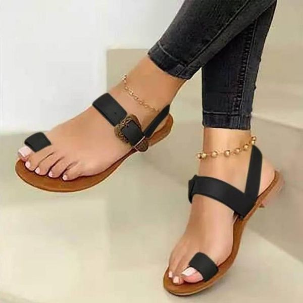 

women clip toe sandals casual buckle strap ladies fashion plus size shoes summer beach female flats footwear new flip flop 2021, Black