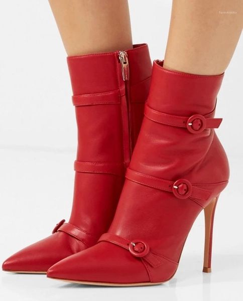 

nude color red stiletto high heel ankle boots women buckle pointed toe ladies booties zipper emboss thin high heels pumps1, Black