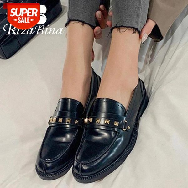 

rizabina new fashion real leather women flats round toe slip on shallow metal decoration ladies footwear size 34-40 #ga7f