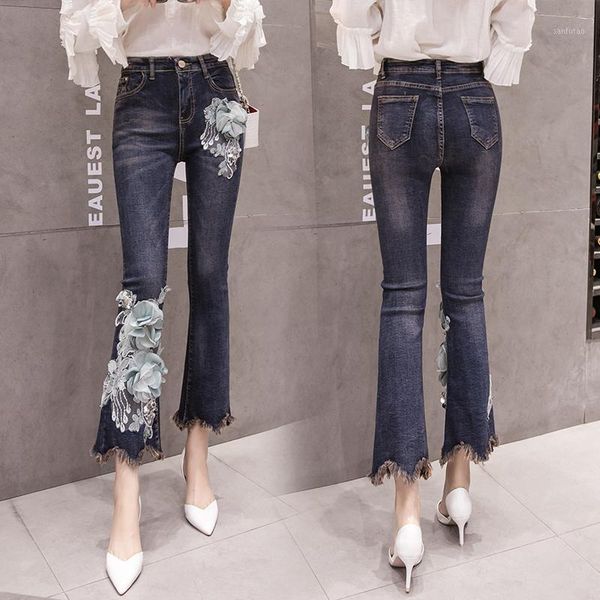

fashion stretch embroidered flare pants jeans ladies autumn winter retro high waist elasticity beading floral jeans denim women1, Blue