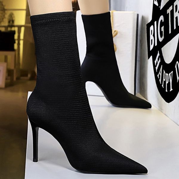 

2020 fashion woman ankle boots female stiletto sock botas pointed toe slip on short knitting boot lady prom nightclub shoes, Black