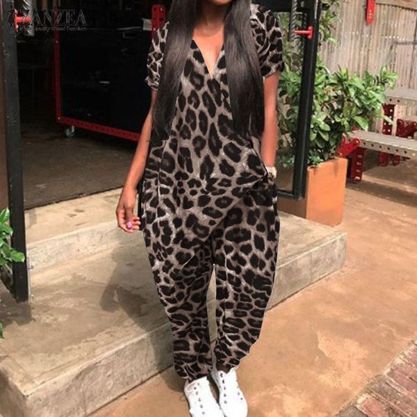 

women's leopard jumpsuits zanzea 2020 print overalls casual v neck playsuits female button summer harem pants plus size 5xl1, Black;white