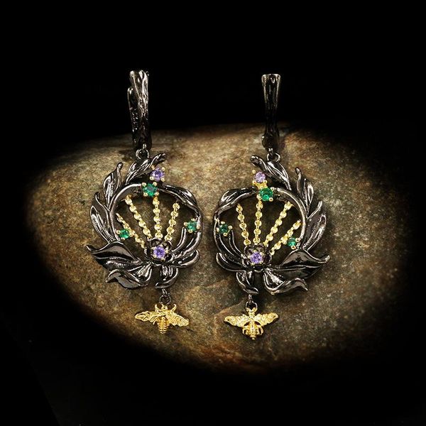 

stud elegant lady 925 silver earrings two-tone hollow geometric floral bee, Golden;silver