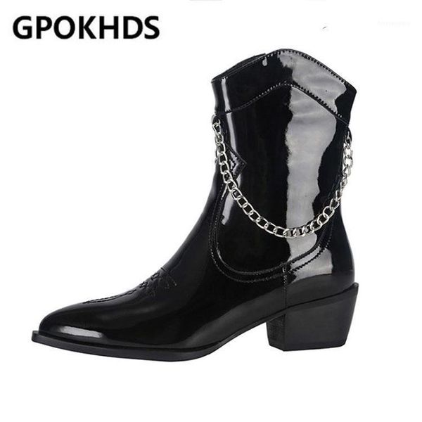 

boots gpokhds 2021 women ankle patent leather winter short plush zippers chain pointed toe high heels female western boots1, Black
