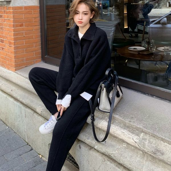 

2021 new female mode two pieces of mesh oversized solid neck knitting polo pullover elastic waist split hem leggings pants qr9l, Gray
