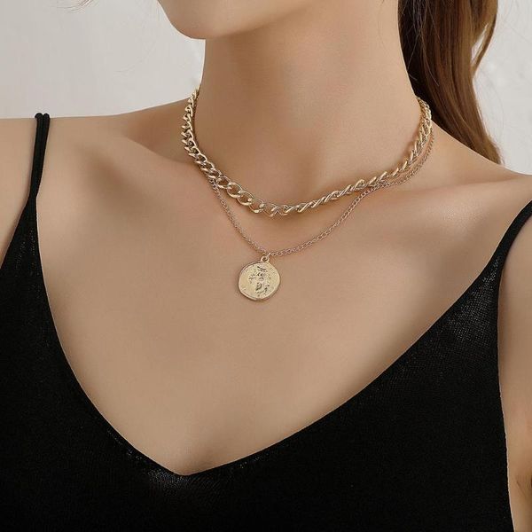 

new hip hop double layer queen coin head short clavicle chain metal thick chain necklace for women choker party jewelry, Golden;silver