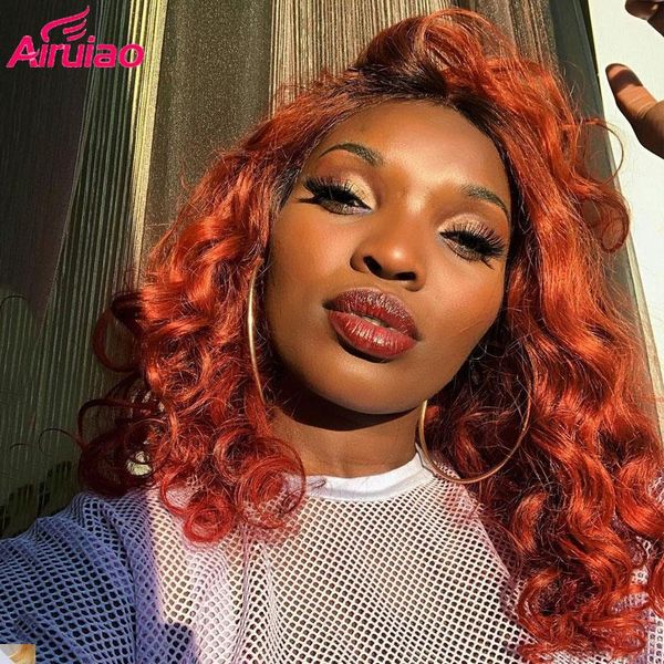 

lace wigs burnt ginger orange ombre wavy front wig pre-plucked babyhair water wave hd transparent full for black women remy, Black;brown
