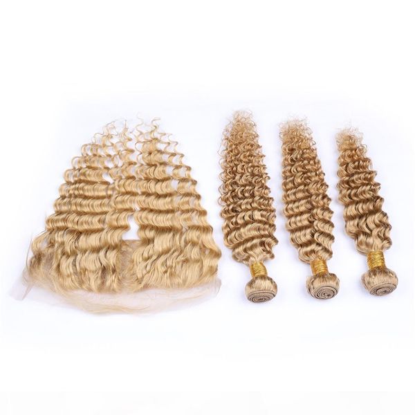 

virgin peruvian honey blonde human hair weaves with frontal 3bundles #27 blonde deep wave hair wefts with 13x4 lace frontal closure, Black;brown