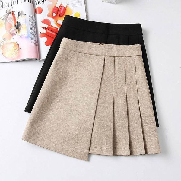 

2021 new arrival autumn winter elegant solid a-line patchwork short skirts female zipper high waist pleated mini skirts o621, Black