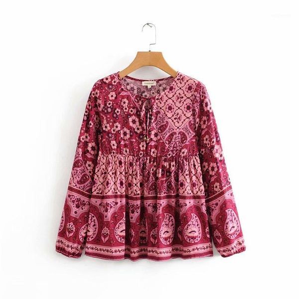 

women's blouses & shirts women sweet position flower print casual pleats blouse lace up bohemian blusas chic holiday wind ls60661, White