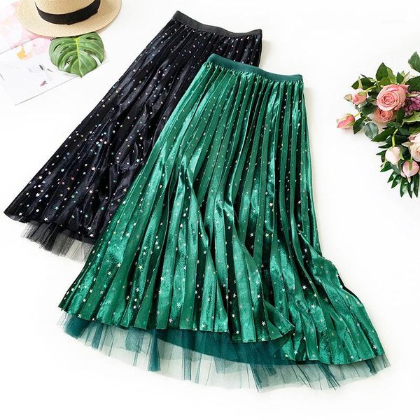 

colorful stars velvet pleated skirt autumn winter high waist mesh skirt midi skirts korean style fluffy fairy1, Black