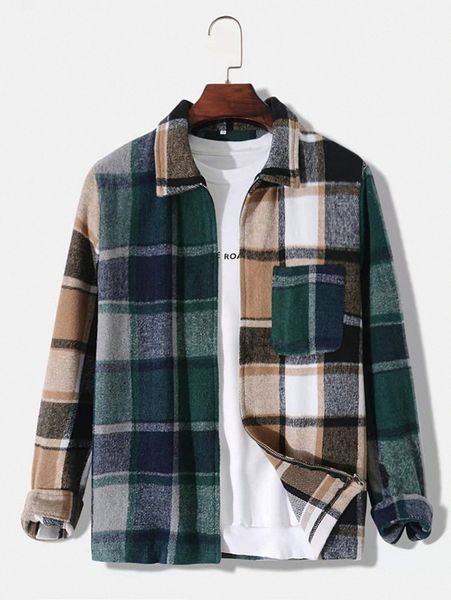 

men plaid patched pocket overcoat without tee p6bh#, Black;brown