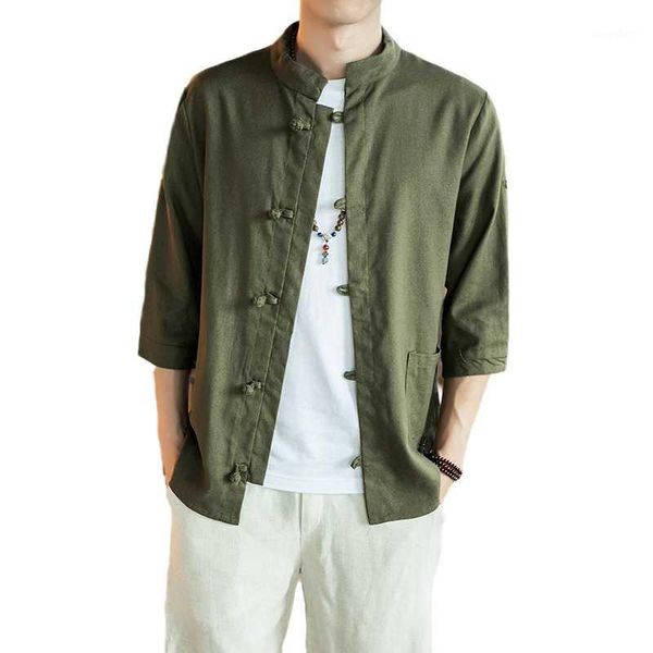 

men shirts mens army green shirt linen summer men's breathable solid color button cotton shirt three quarter sleeve camisa1, White;black