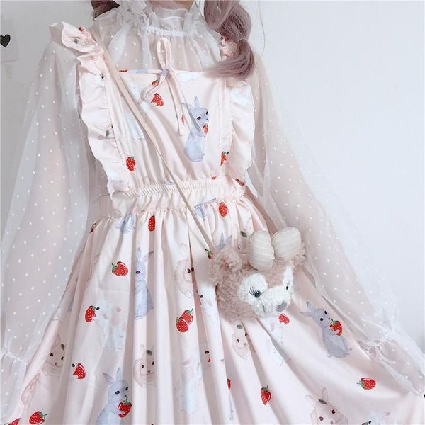 

women's dresses chic lady kawaii ulzzang strawberry rabbit cute strap dress female ins vintage harajuku dress for women casual, Black;gray