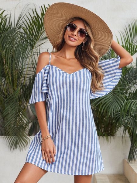 

cold shoulder striped dress l4al#, Black;gray