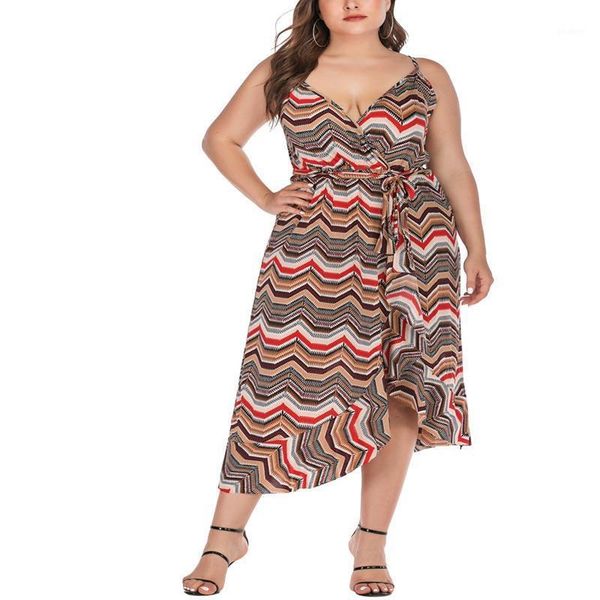 

summer stretch large size strap dress 4xl-8xl bust 133cm fashion women's print v-neck vacation style irregular hem dress1, Black;gray