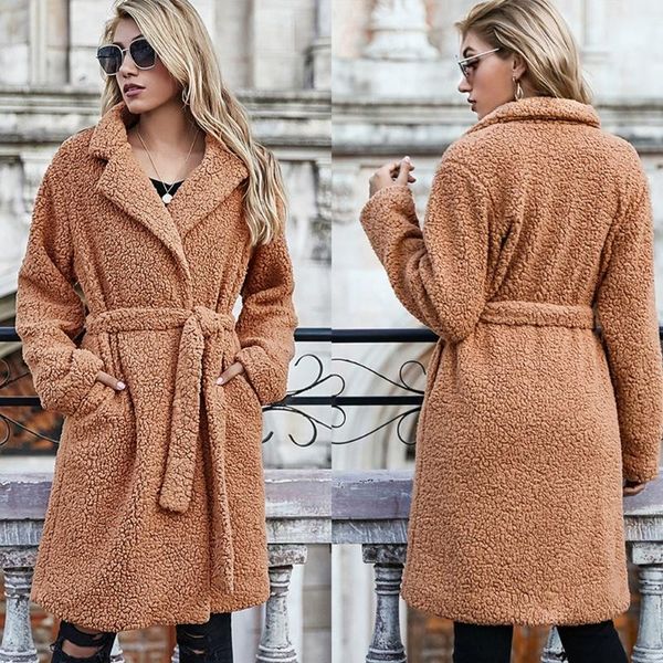 

women winter fuzzy plush long sleeve coat lapel collar belted jacket overcoat bx0b, Black;brown