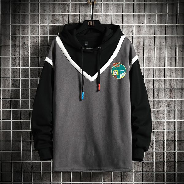 

oversized mens hoodies men 2020 autumn patchwork sweatshirt japanese streetwear casual grey hoodie men sweatshirts, Black