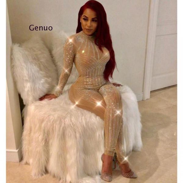 

women's jumpsuits & rompers long sleeve sheer fashion mesh geometric rhinestone seethrough romper sparkly overalls body suit teddies bo, Black;white