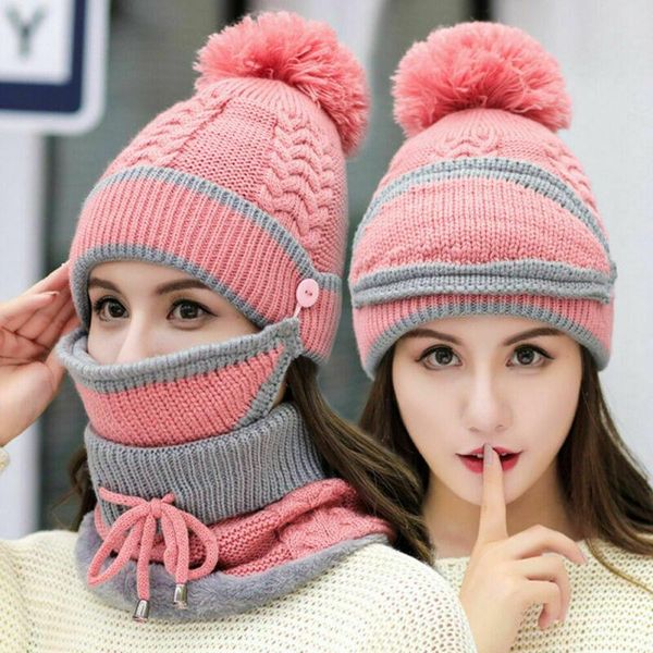 

женщины вязаная шапочка шарф hat маска set snood neck winter pompom cap сгущает lxh, Blue;gray