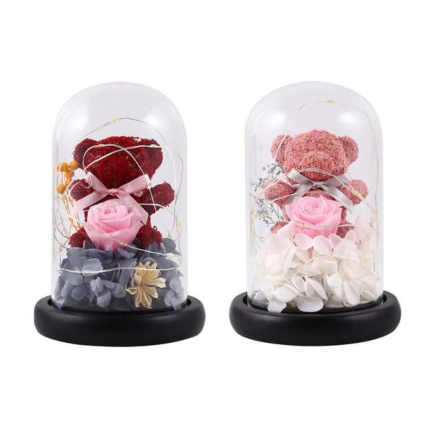 

flower bear rose in glass dome led night light decor wedding christmas gift