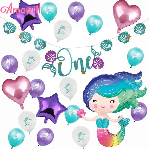 

amawill mermaid party decoration 1st baby girl birthday one banner mermaid printed latex balloons perfect for kids birthday 75d bbyjin