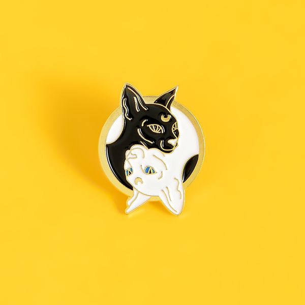 

taichi cats enamel custom brooches witch cats yin yang badge bag lapel buckle animal gift friends, Gray
