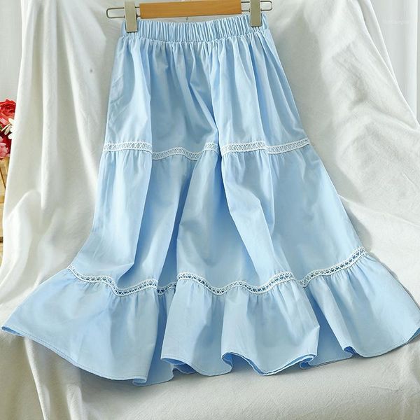 

2020 summer blue girls skirts women elastic high waist midi a- line skirt1, Black