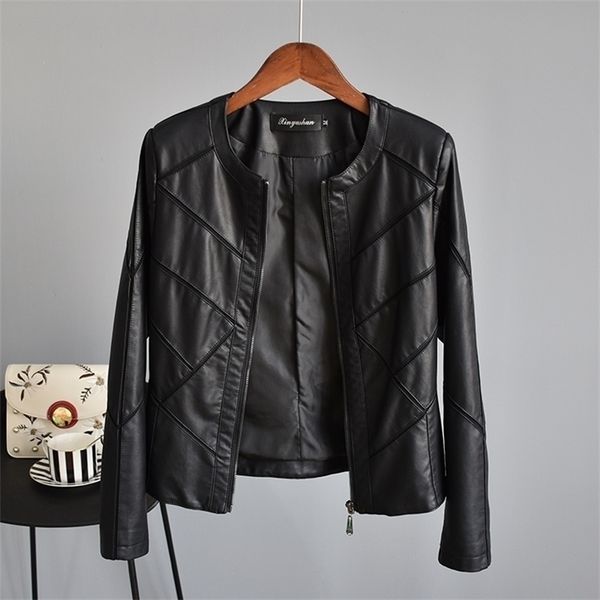 

[ewq] o neck plaid long sleeve short leather jacket female trend clothing pu mesh stitching leather coats spring new qk158 201112, Black;brown