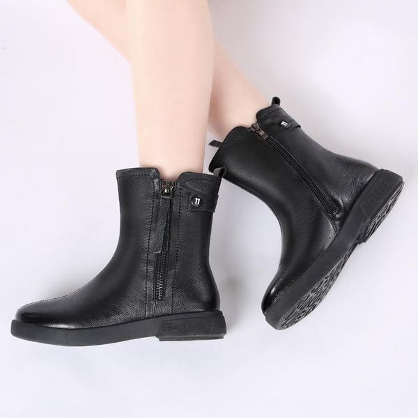 

boots yourseason ladies 2021 winter genuine leather shoes wool zipper round toe ankle sewing platform thick black
