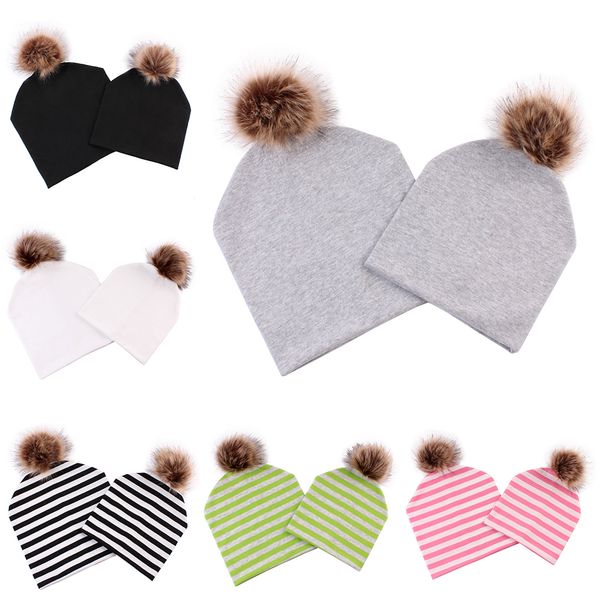 Pai 2020 Criança Knit Cap Double Layer Cotton Knit Cap Fox Fur Pom Pom Gorros Chapéu 2PC Set Para a mãe do bebê