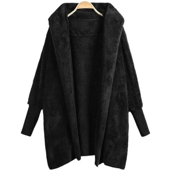 

women hooded fluffy coat thicken warm woolen cardigan midi outwear open stitch long sleeve casual black comfy blends overcoats