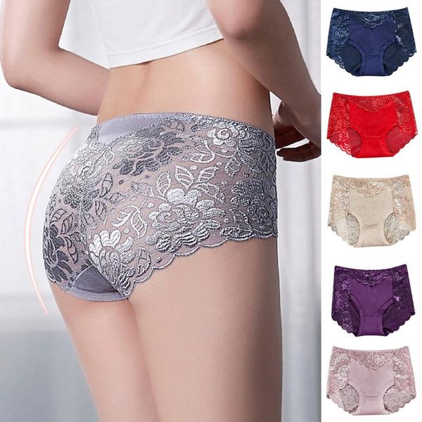 

lace panties elegance women mid-rise waist flowers lace lingerie seamless panties underpants underwear plus size brief girl, Black;pink