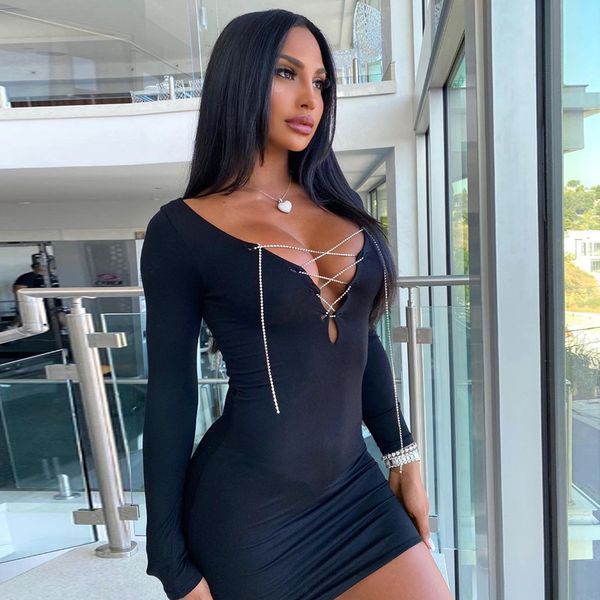

autumn dress cut-out v-neck chain long sleeve solid hip skirt women's wear