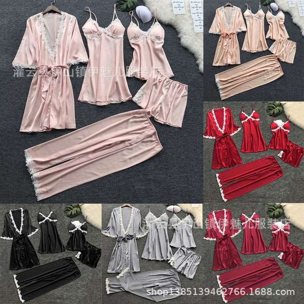 

five bathrobe lace edge lingerie women's piece pajamas multicolor multi size, Black;gray